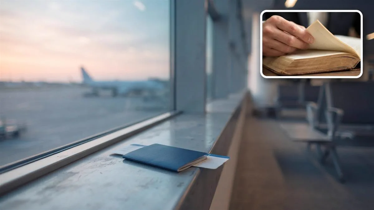 A departure lounge window at dawn with a passport and boarding pass on the sill